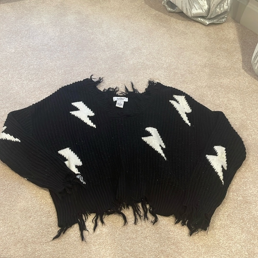 Just Polly Black Distressed sweater w/lightening bolts. Size S (oversize feel)